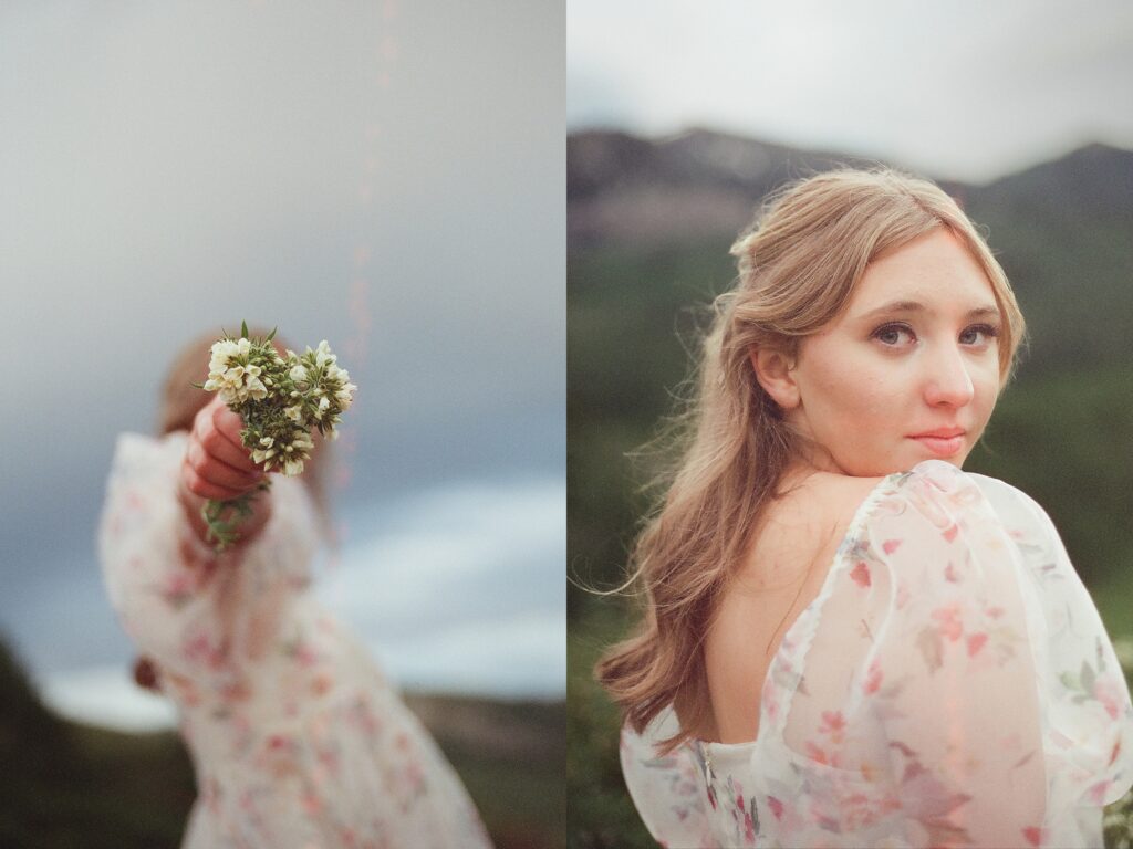 High school senior girl wearing a floral dress, posing for senior portraits at Guardsman Pass in Park City Utah by Austin Texas photographer.