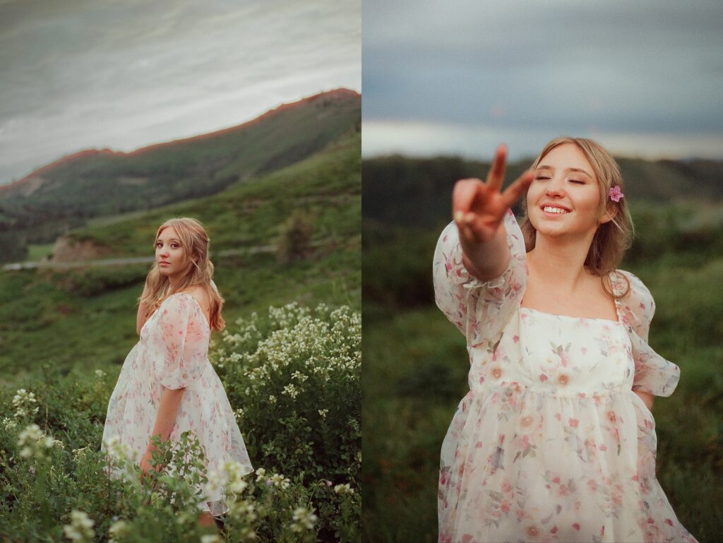 High school senior girl wearing a floral dress, posing for senior portraits at Guardsman Pass in Park City Utah by Austin Texas photographer.