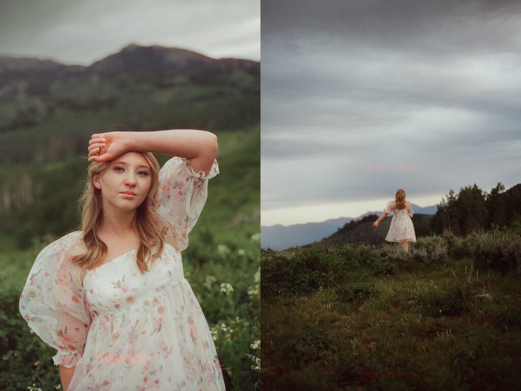 High school senior girl wearing a floral dress, posing for senior portraits at Guardsman Pass in Park City Utah by Austin Texas photographer.