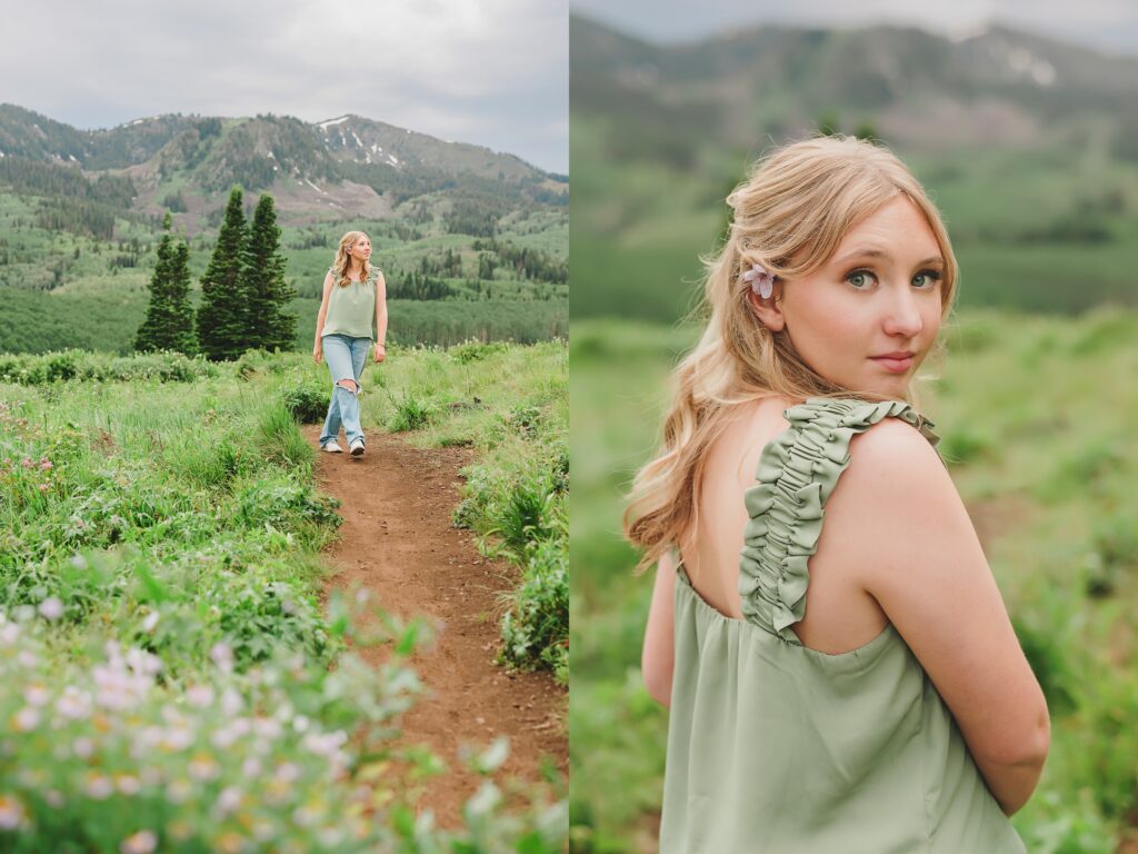 High school senior girl wearing a floral dress, posing for senior portraits at Guardsman Pass in Park City Utah by Austin Texas photographer.