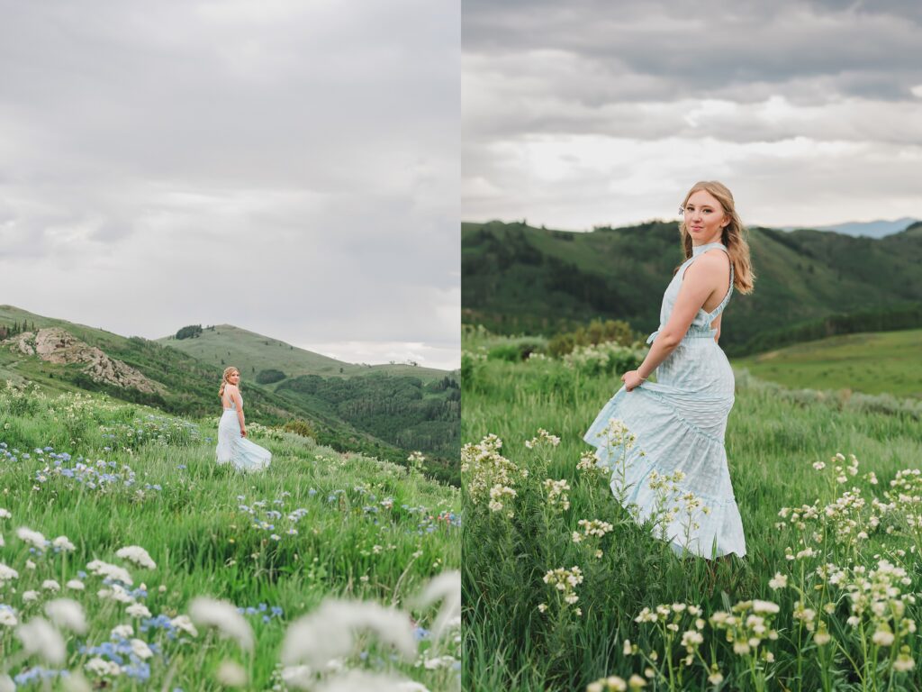 High school senior girl wearing a floral dress, posing for senior portraits at Guardsman Pass in Park City Utah by Austin Texas photographer.