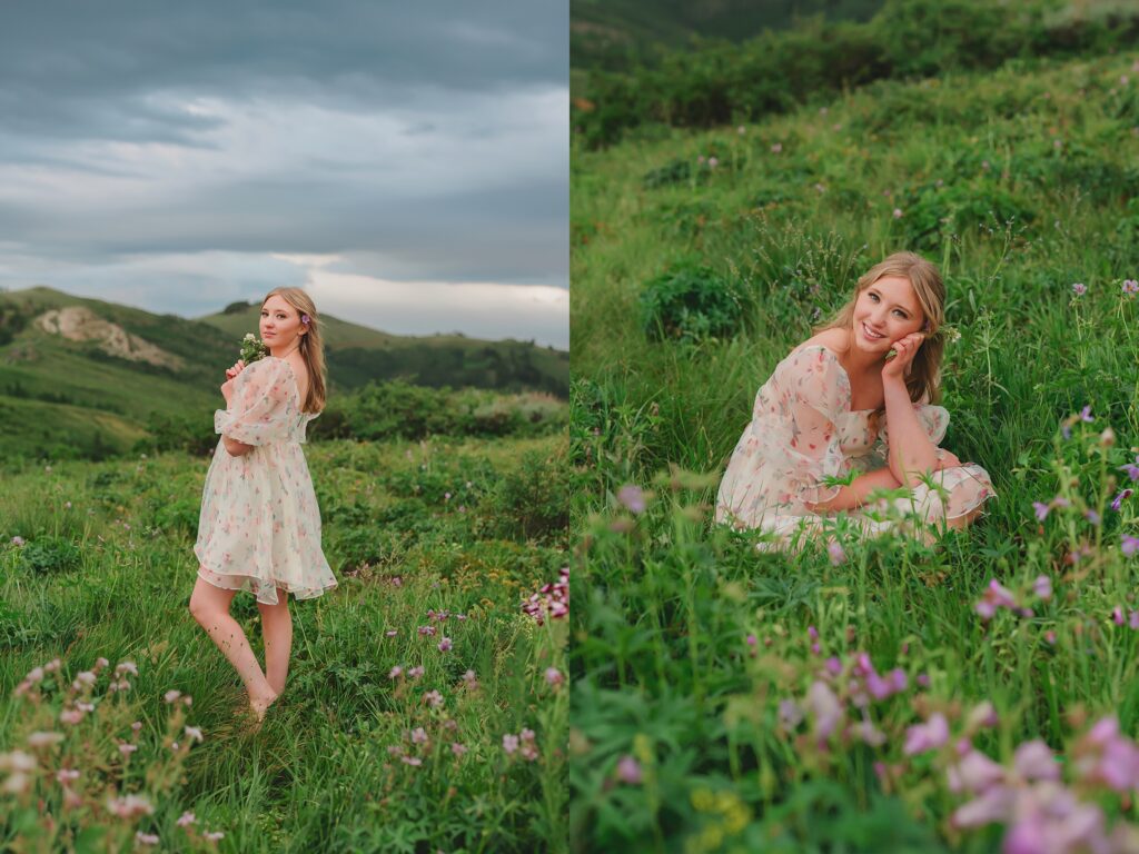 High school senior girl wearing a floral dress, posing for senior portraits at Guardsman Pass in Park City Utah by Austin Texas photographer.