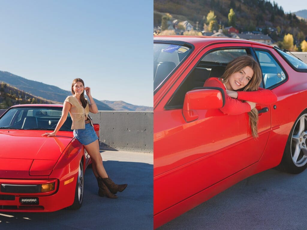 Group of stylish high school seniors posing with a vintage red Porsche in downtown Park City, Utah, for a senior rep team photoshoot.