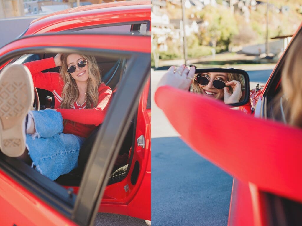 Group of stylish high school seniors posing with a vintage red Porsche in downtown Park City, Utah, for a senior rep team photoshoot.