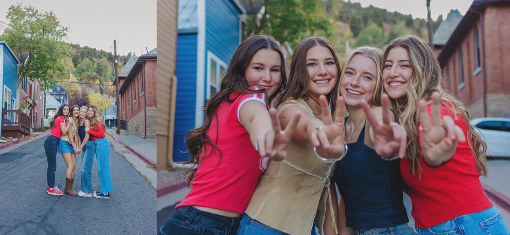 Group of stylish high school seniors posing with a vintage red Porsche in downtown Park City, Utah, for a senior rep team photoshoot.