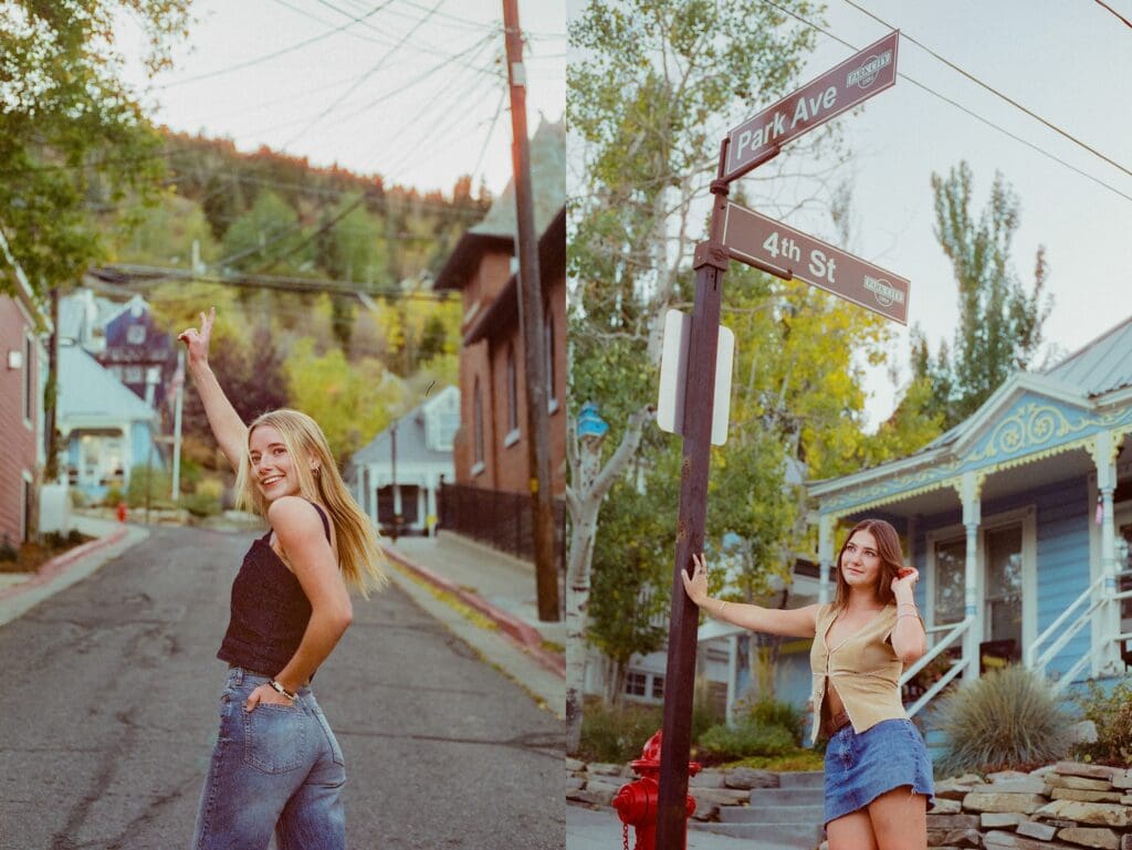 Group of stylish high school seniors posing with a vintage red Porsche in downtown Park City, Utah, for a senior rep team photoshoot.