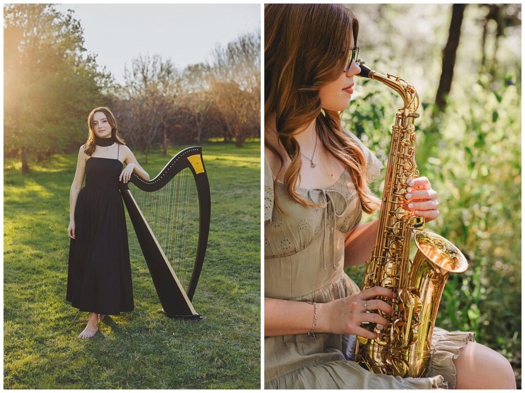 Austin Texas Senior musicians with harp and saxophone by Keala Jarvis Photography