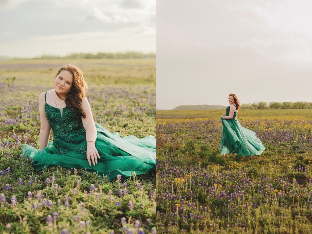 Spring Flower Bluebonnet High School Senior Photos with Prom Dress in Austin Texas by Keala Jarvis Photography