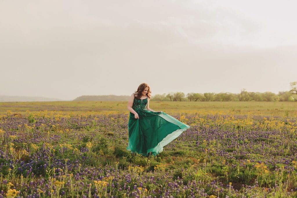 Spring Flower Bluebonnet High School Senior Photos with Prom Dress in Austin Texas by Keala Jarvis Photography